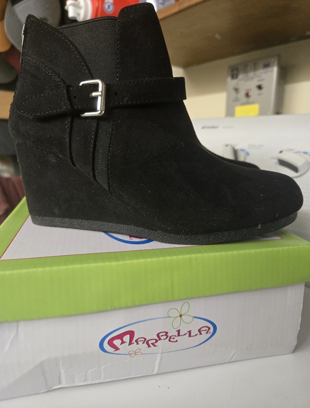MARBELLA Black Suede Wedge Ankle Boot with Buckle Strap